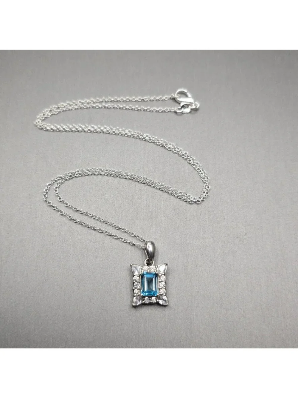 Edwardian Revival Sterling Silver Blue Topaz Pendant Necklace Emerald Cut 925 - Picture 15 of 15